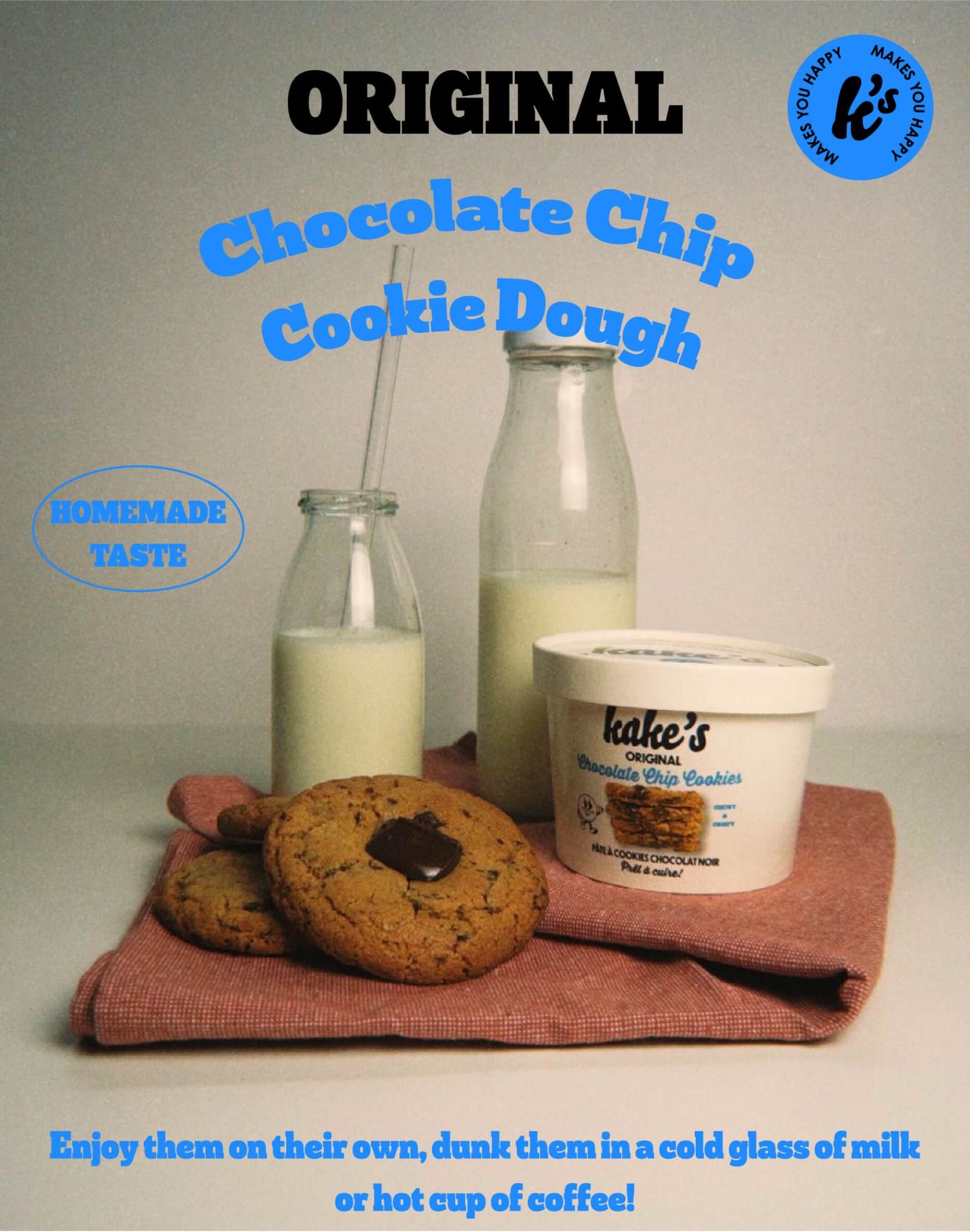 'pâte à cookies kake's cookies cuits et bouteille de lait frais, cookies kake's artisanaux sans gluten sans lactose'